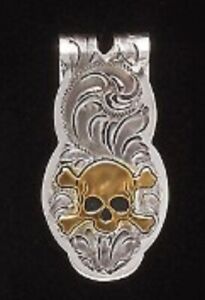 Skull & Bones Silver & Gold Mens Engraved Money Clip Biker Rodeo Western Cowboy 