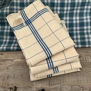 Set (4) Vintage Französisch Leinen "Fleur Bleue" Blau Streifen Küche Fackel Handtücher - Bild 1 von 10