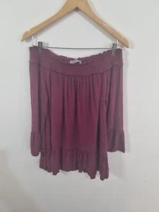 JUST JEANS size 10 purple off the shoulder 3/4 sleeve basic blouse frill - Picture 1 of 6