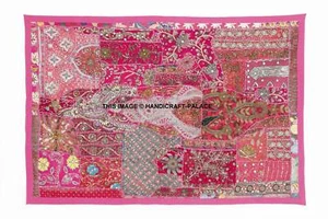 60" HUGE INDIAN HEAVILY BEADED ART DÉCOR VINTAGE SARI ZARI WALL HANGING TAPESTRY - Picture 1 of 22