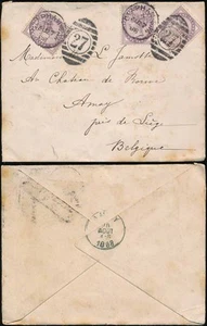 GB QV 1888 to BELGIUM 3 x 1d LILAC PERFINS JBE...CLAPHAM - Picture 1 of 1