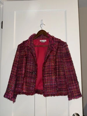 Vestido Blazer Kay Unger Talla 12 Rosa Multicolor Tweed Chaqueta Flecos Lazo Acentos  Foto 1 de 4