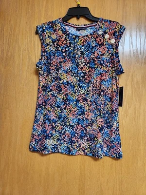 Топ с коротким рукавом Tommy Hilfiger темно-синий крошечный с цветочным принтом. Med. Новый с Ярлыками.  - Изображение 1 из 4