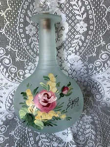 Antique -1920 Milk Glass Barber/ Vanity Hand Painted Floral Bottle 9.5” T Aqua - Picture 1 of 9