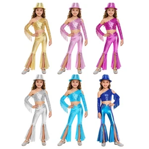 Kids Girls Jazz Dance Street Disco Split Bell-Bottom Cowgirl Hip Hop Costume - Picture 1 of 55