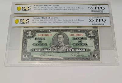 2 Consecutive 1937 Bank of Canada $1  L/M0106601-02 PCGS Ms55 & Ms55 AUNC@#2025 - Image 1 of 4