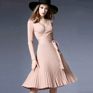 Elegant Nude Beige V-neck Knit Pleated Ribbed Knitted Tie Waist Wrap Dress Sz L - Picture 1 of 14