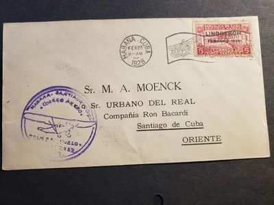 Sobreimpresión Lindbergh 1928 CORREO AÉREO VUELO Cubierta HABANA a SANTIAGO de CUBA Foto 1 de 2