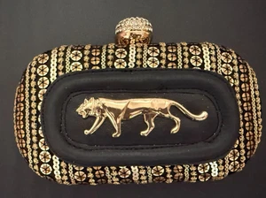 Sabyasachi emblemed minaudière clutch bag in black embroidered sequined fabric. - Picture 1 of 5