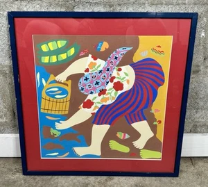 Pintura campesina china arte enmarcado “La dama pesquera” tiza y acuarela - Imagen 1 de 13