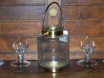Blown glass Lantern with antiqued brass base and handle - Image 1 of 2