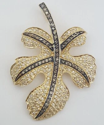 White Champagne Diamond Leaf Pendant 1 ct 1.65" 14K Yellow Gold - Image 1 of 4