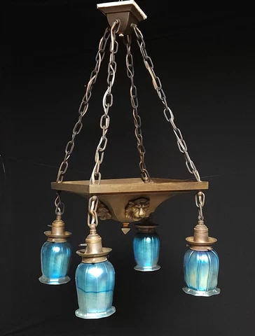 ANTIQUE Arts & Crafts Bronze Lions Quezal Art Glass Chandelier ~ Pair Available Cover