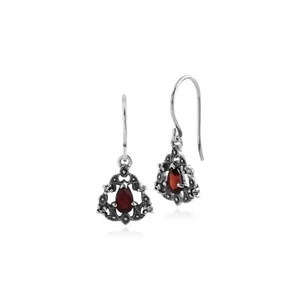 Estilo Art Nouveau Pera Granate Y Marcasita Gota Pendientes En 925 Plata Ley - Imagen 1 de 3