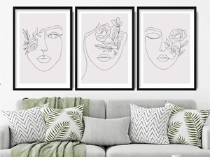Set of 3 Prints-Silver Effect- Line Art Rose Female Faces Grey Pictures Wall Art - Picture 1 of 5