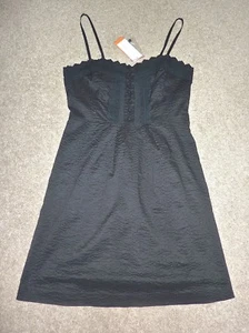  NWT $295 CYNTHIA STEFFE Black Seersucker Scallop Trim Fit & Flare Dress 10 - Picture 1 of 11