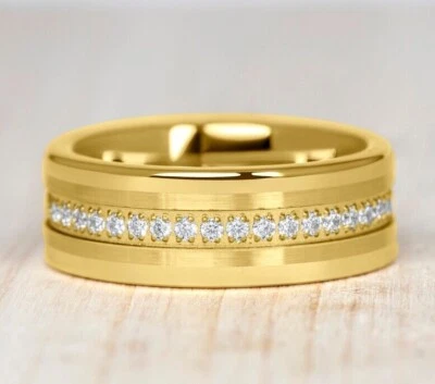 Anillo de tungsteno de eternidad cepillado centro amarillo incrustación anillo de boda para hombre alianza para hombre Foto 1 de 4