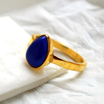 Natural Pear Blue Lapis Lazuli Gemstone 14K Yellow Gold Birthday Gift Ring - Image 1 of 4