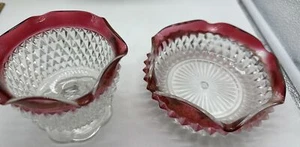 Ciotola e piatto caramelle vintage Indiana vetro punta diamante rubino flash bordo ondulato - Foto 1 di 9