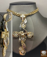 New 10k Yellow White Gold Jesus Crucifix Cross Pendent Diamond Cut 4" 