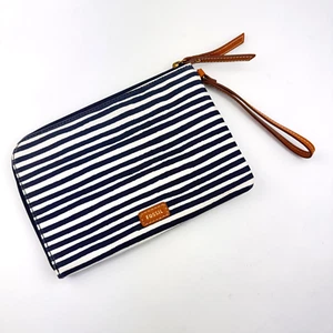 New Fossil Eliza Pouch Blue Stripe Zip Clutch Wristlet Purse Makeup Bag NWT - Picture 1 of 8