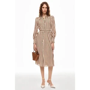 LK Bennett Emelia Shirt Dress Brown Ivory Striped Button Long Sleeve Sz 8 US - Picture 1 of 15