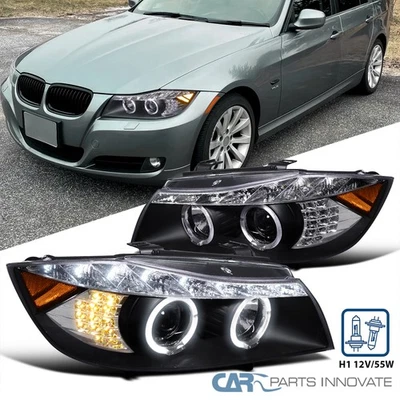 Black Fits 2006-2008 BMW E90 325i 328i Sedan LED Halo Projector Headlights Lamps - Image 1 of 4