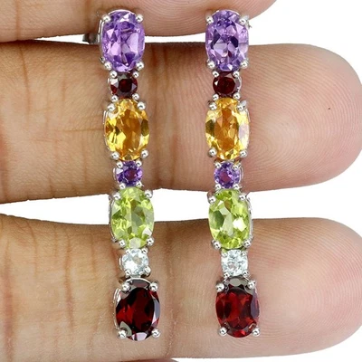 925 Sterling Silver Earrings Oval Amethyst Citrine Peridot Garnet Topaz Gemstone - Image 1 of 4