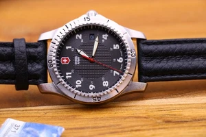 Mens swiss army odyssey black 24hr dial date wrist watch leather strap 38mm - Picture 1 of 10