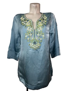 SOFT SURROUNDINGS Top Womens Sz M Cupro Linen Blue Lime Green Beaded Satin Tunic - Picture 1 of 8
