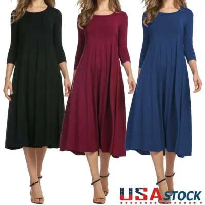 Womens Ladies Plain Jersey Swing Dress Casual Long Sleeve Midi Dresses Skater - Image 1 of 4