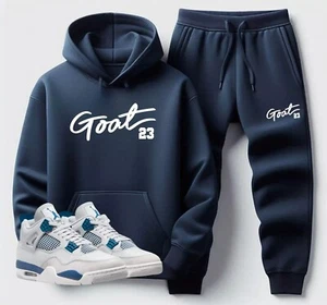 Mens Navy Blue Sweatsuit Hoodie Joggers Set To Match Air Jordan 4 Military Blue - Picture 1 of 5