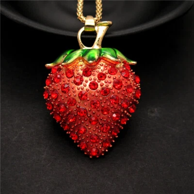 Moda Mujeres Dulce Esmalte Rojo Cristal 3D Fresa Colgante Cadena Collar Foto 1 de 4