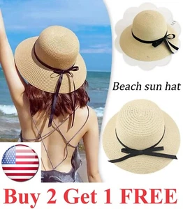 Wide Brim Straw Hat Foldable Beach Hat Women Bowknot Decor Floppy Cap Women, - Picture 1 of 18