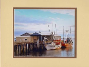 Barcos de pesca Golden Dolphin de Barbara Snyder paisaje marino doble mate 11x14 - Imagen 1 de 1