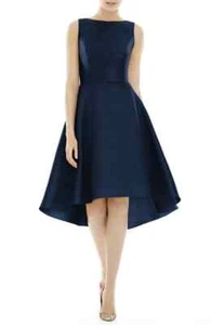 Alfred Sung Midnight Blue Sateen Twill High Low Cocktail Dress Sz 6 $208 D697 - Picture 1 of 2