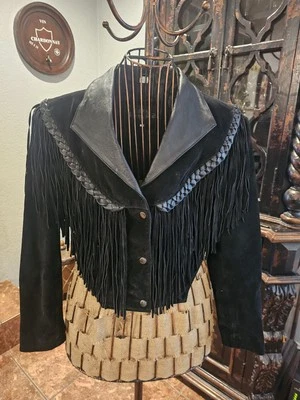 Chaqueta vintage de cuero con flecos recortados Gallery para mujer talla mediana negra Foto 1 de 4