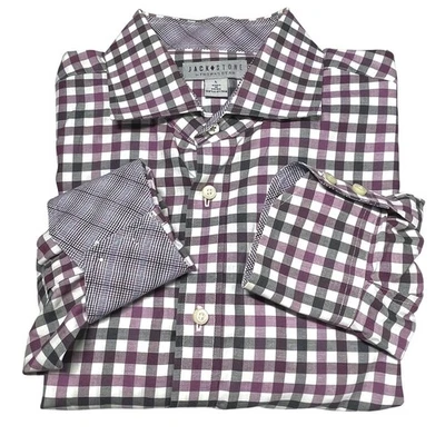 Camisa masculina Jack Stone por Thomas Dean cinza roxo branca Gingham botão para baixo G - Imagem 1 de 4
