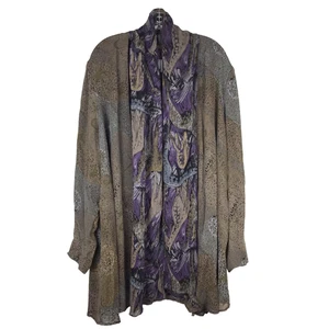 VTG Platinum Dorothy Schoelen Open Front Jacket Attached Scarf Tan Purple Large - Picture 1 of 14