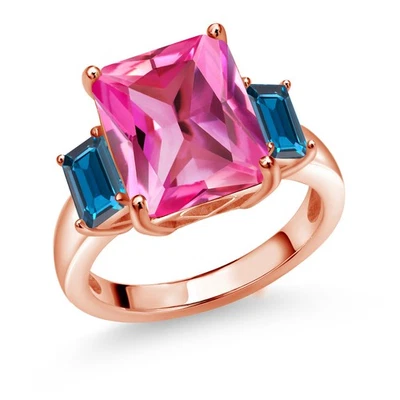 Anillo de plata enchapado en oro rosa de 18 quilates con topacio azul Londres zafiro creado rosa de 7,92 quilates Foto 1 de 3