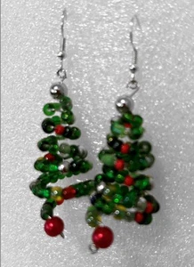 2.75." Xmas Tree Drop Dangle Bead Earrings By Scrapditty Ditty Silver Hooks - Picture 1 of 3