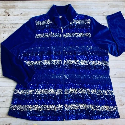 Quacker Factory Royal Blue Track Jacket Velour Sequin Stripes Full Zip EUC XL - Image 1 of 4