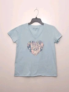 LIFE IS GOOD HEART OF DOGS GRAFIK V-AUSSCHNITT BLAUES DAMEN-T-SHIRT SMALL - Bild 1 von 9