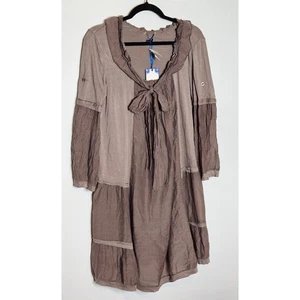 Tempo Paris Kleid Made In Italy NEU Damen L Langarm Braun Seide Baumwolle Boho - Bild 1 von 5