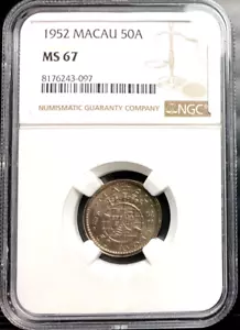 1952 Portuguese Macau, 50 Avos, NGC MS 67, KM-3, Superb Example - Picture 1 of 2