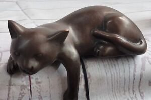Statue Sculpture Cat Wildlife Modern Style Bronze Signed Feline Figure Artwork