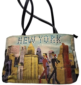 VTG Frankie Johnnie New York City Skyline Tote Bag Purse Bead Sequin 2 Handle - Picture 1 of 13
