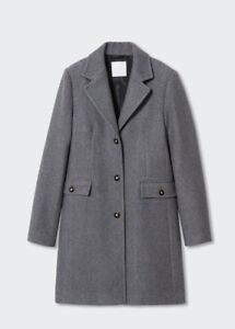 NEW MANGO Buttoned Wool Coat Size S UK 8/10 Grey Long Tailored Overcoat