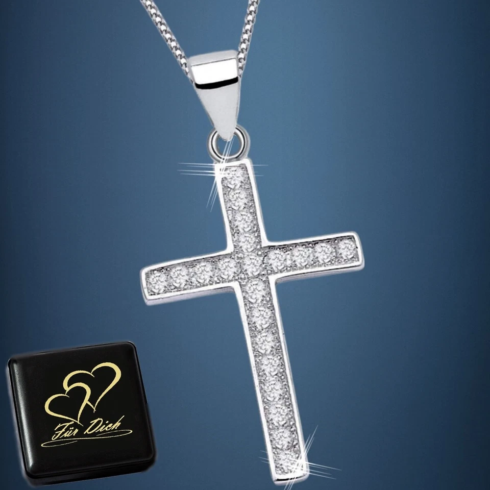 Zirkonia Kreuz Anhänger Halskette 925 Sterling Silber Jungen Damen Herren Kette - Bild 1 von 4