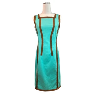 VINTAGE OSCAR DE LA RENTA Size 8 Turquoise Brown Retro Mod Shift Dress 60s Style - Picture 1 of 18